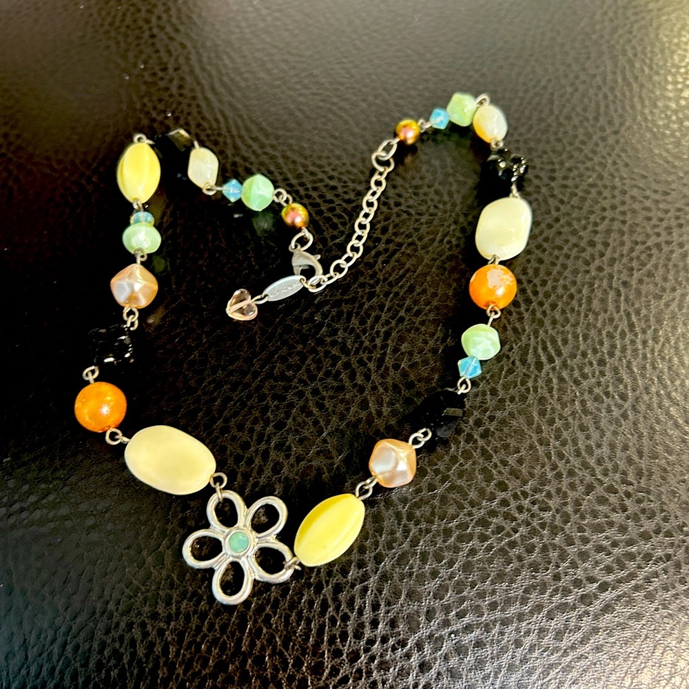 Sabika Cream and Black Beaded Necklace with Floral Pendant